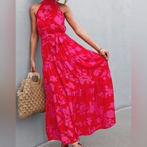 Floral Print Ruffle Hem Halter Dress